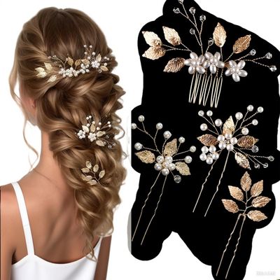 4Pcs Vintage Bridal Hair Pins Set - Gold & Silver Crystal Pearl Hair Clips, Floral Leaf Headpiece for Wedding, Bridesmaids, Women, Girls (1 Comb + 3 Pins) (golden)