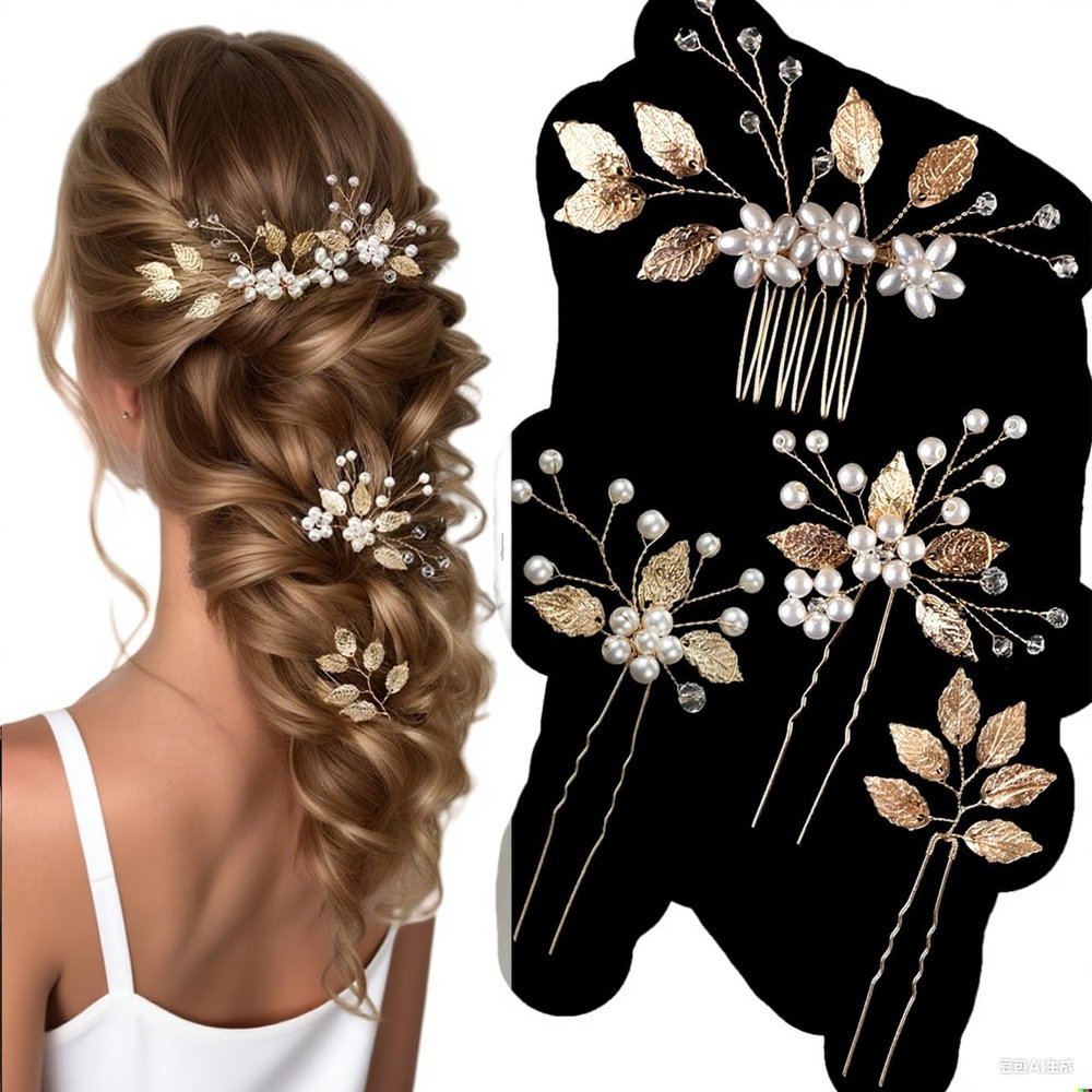 4Pcs Vintage Bridal Hair Pins Set - Gold & Silver Crystal Pearl Hair Clips, Floral Leaf Headpiece for Wedding, Bridesmaids, Women, Girls (1 Comb + 3 Pins) (golden)