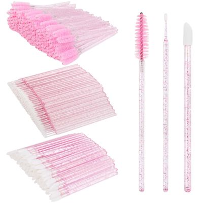 200 PCS Eyelash Extension Supplies Kit include a disposable micro swab brush, eyebrow comb, lip balm brush, mascara brush, makeup brush, for eyelash extension surgery, and lip makeup (Crystal Pink)