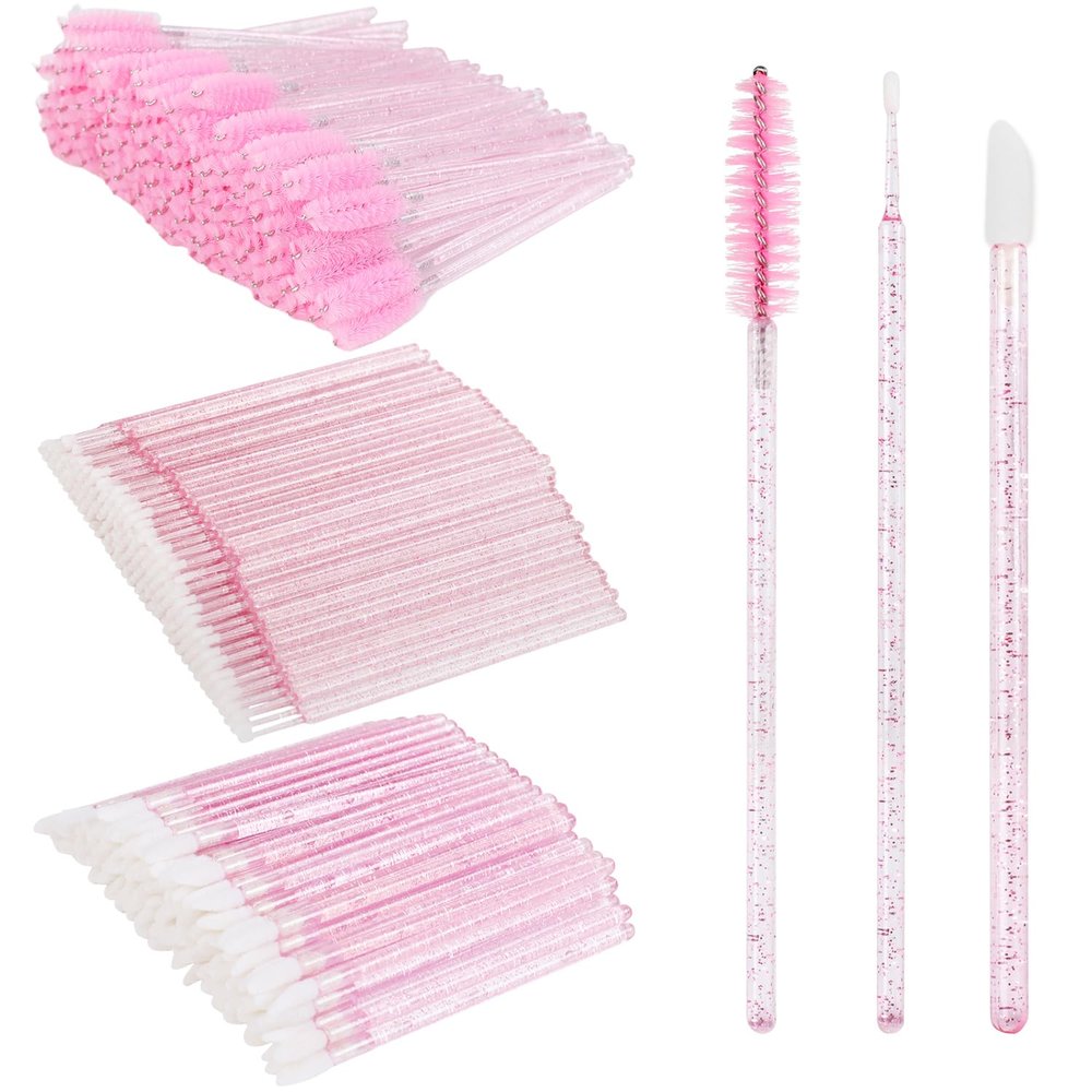 200 PCS Eyelash Extension Supplies Kit include a disposable micro swab brush, eyebrow comb, lip balm brush, mascara brush, makeup brush, for eyelash extension surgery, and lip makeup (Crystal Pink)
