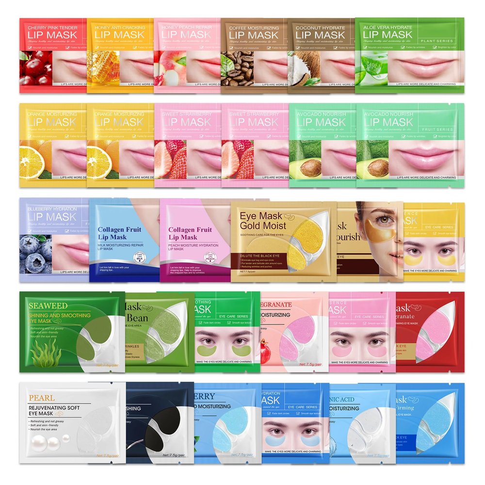 15 Pairs of Under Eye Patches and 15 Packs Lip Masks Gift Set,Nourishing Under Eye Masks Bulk for Dark Circles,Moisturizing Lip Patches,Hydrating Travel Eyemasks and Lipmasks for Women and Men