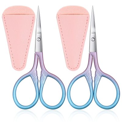 2 Pcs 3.54 Inch Small Eyebrow Scissors Eye Brow Scissors for Women Mini Cosmetic Scissor fit Facial Facial Hair Eyebrows Beard Ear Nose Moustache Sewing Blue Pink Gradient Stainless Steel