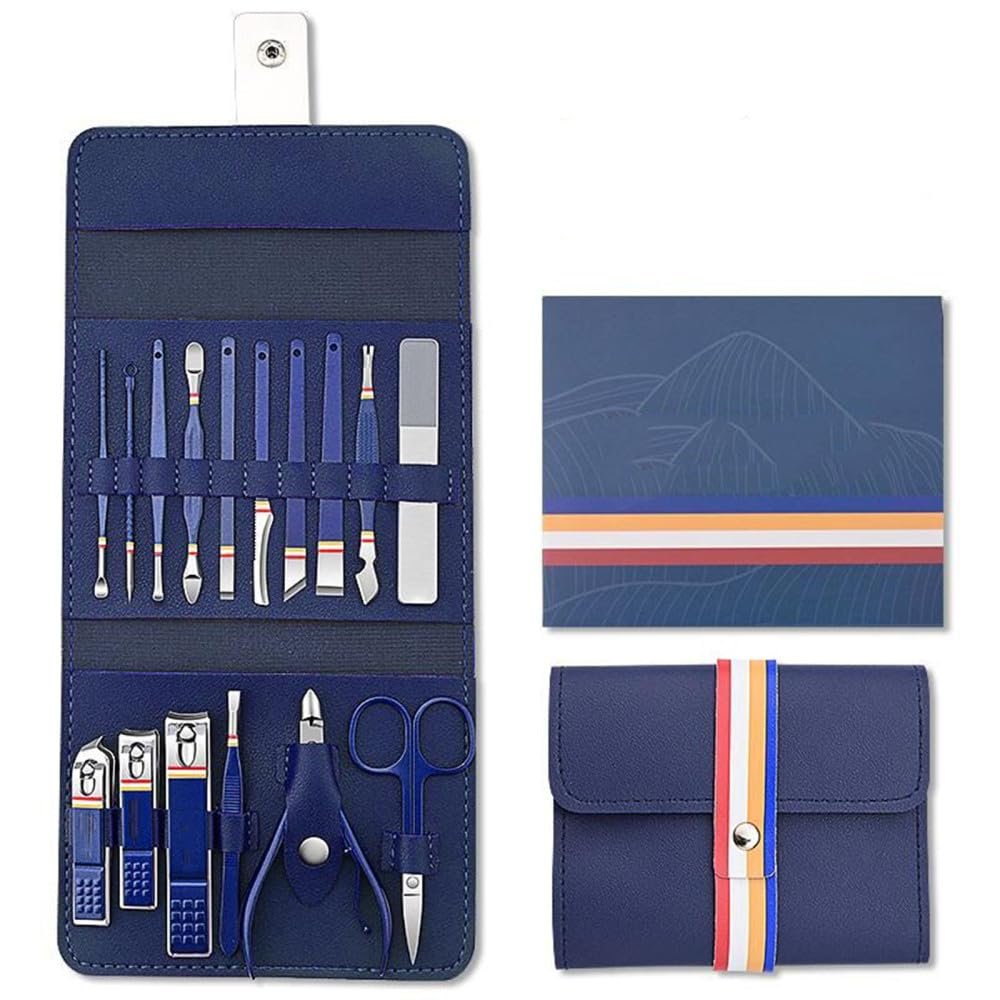 16Pcs Nail Manicure Set Pedicure Kit Eyebrow Tweezers Men Women Nail Tool Kit with,Green (Dark Blue)