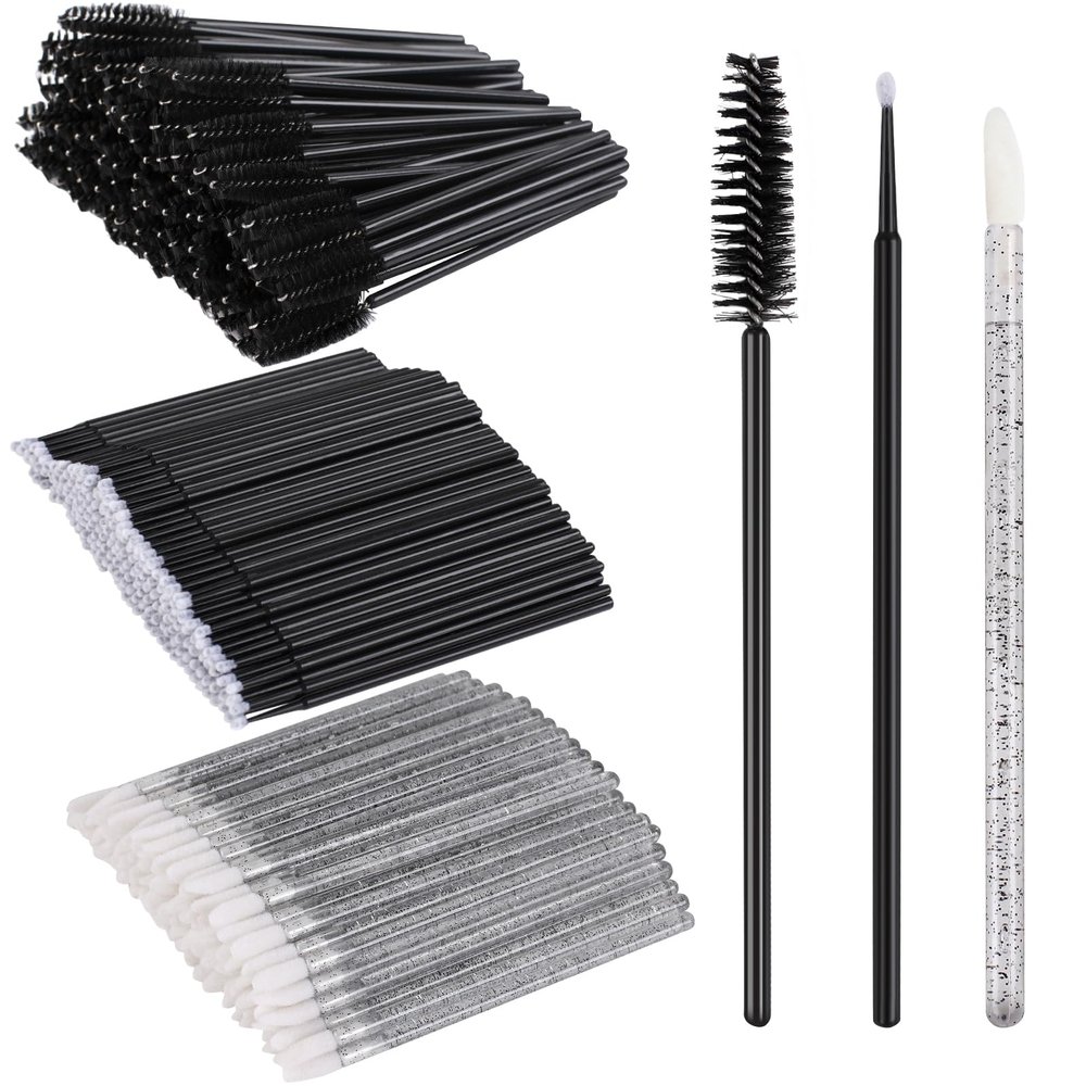 200 PCS Eyelash Extension Supplies Kit include a disposable micro swab brush, eyebrow comb, lip balm brush, mascara brush, makeup brush, for eyelash extension surgery, and lip makeup (Black)