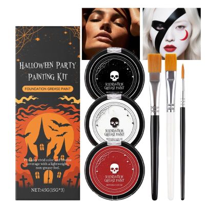 Halloween Face Paint - White Red Black Makeup Kit with Brushes, Long-Lasting Body Paint Set | Smudge-Proof Pigments for Themed Party, Stage Performance, Costume Makeup Women Men Holiday Event Use