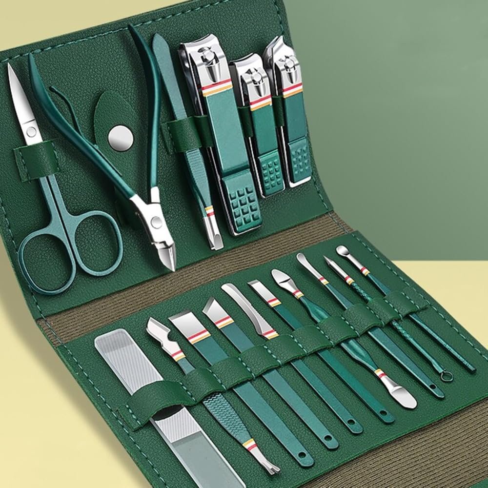 16Pcs Nail Manicure Set Pedicure Kit Eyebrow Tweezers Men Women Nail Tool Kit with,Green (Green)