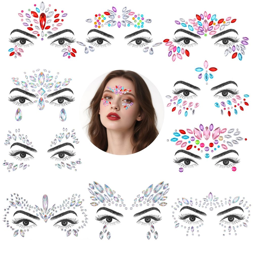 10 Sets Festival Face Jewels Face Gems Colorful Mermaid Faces Gems Stick On Rave Body Stickers Crystal Jewel Eyes Gemstones Self- Adhesive Glitter Jewel Sticker for Ladies Makeup