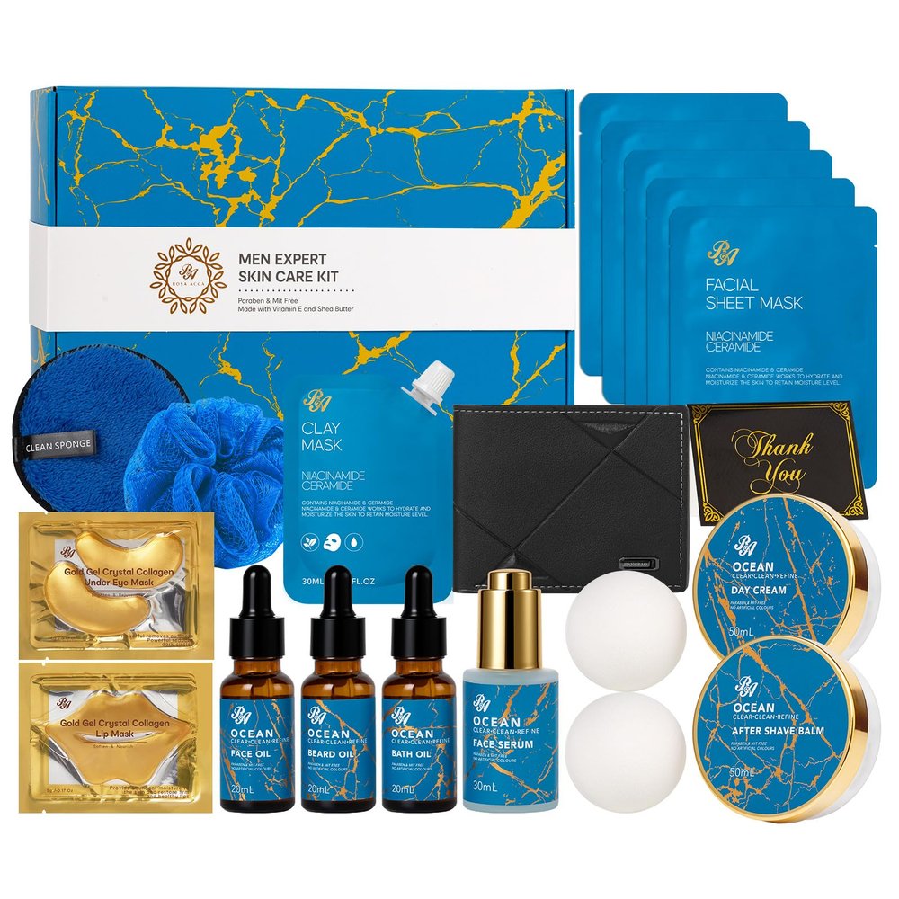 21 Pcs Men Facial Skin Care Set, Father's Day Gifts, Bath & Beard Gift Set for Men, Home Spa & Self-Care Gift Basket Set, Clay Mask, Birthday, Christmas, Valentines, Boyfriend, Anniversary, Dad