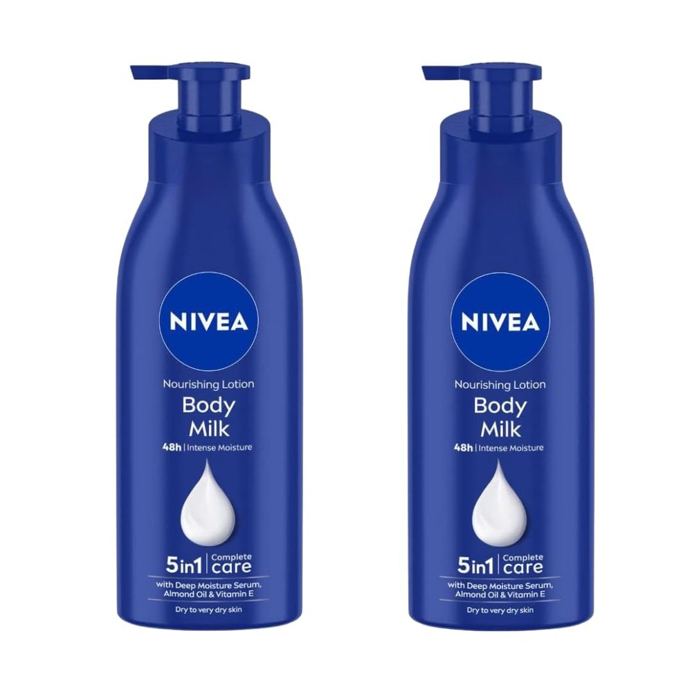 NIVEA Nourishing Body Milk Richly Caring Lotion 48 Hour Deep Moisture for Very Dry Skin  Almond Oil + Deep Moisture Serum  Fast-Absorbing, Non-Greasy Rich Cream 400ml, Pack of 2
