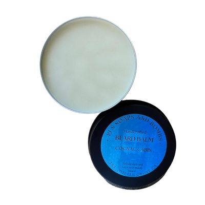 Artisan Craft Beard Balm, Moisturizing Beard Care, Tame Wild Hairs, Beard Shaping, Shea Butter, Mango Butter, and Argan Oil, Reduce Itchiness, 2 Oz container (Cognac Cabin)