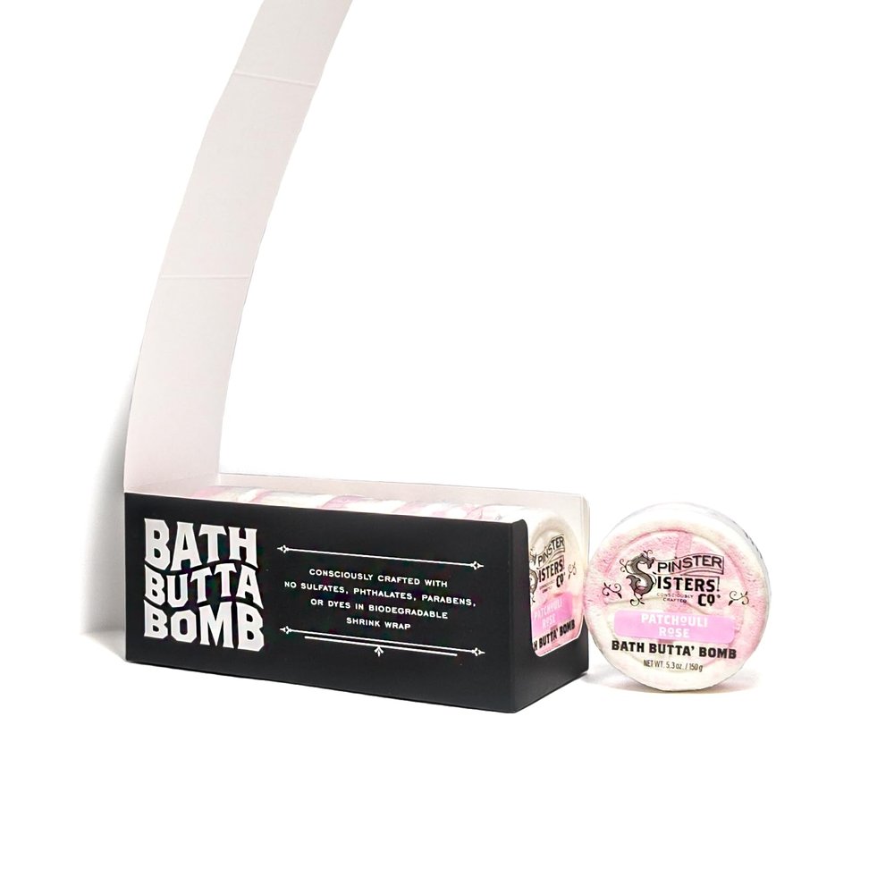 Case of 6 - Spinster Sisters Patchouli Rose Bath Butter Bomb, Natural Moisturizing Bath Fizzer with Shea Butter, Handmade, Luxurious, Hydrating, Nourishing, Non-Toxic, eco-Conscious Ingredients