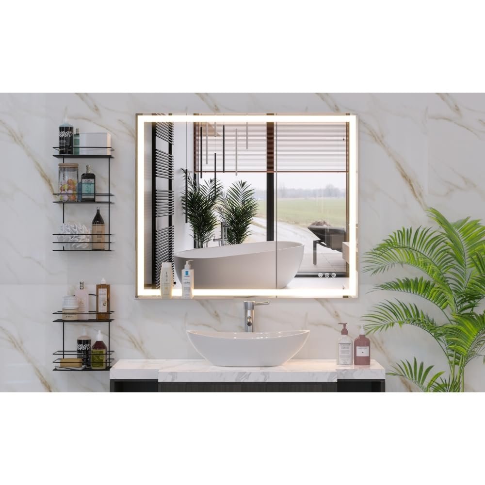 52 * 28 inch LED Bathroom Vanity Mirror Wall Mounted Adjustable White/Warm/Natural Lights Anti-Fog Touch Switch with Memory Modern Smart Large Bathroom Mirrors (Silver + Aluminium-1)