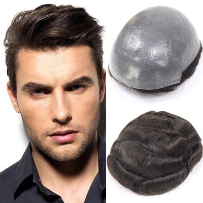 0.08mm Mens Thin Skin Hair System Toupee for Men European Human Hair Replacement Pieces Protesis 8x10 Inch Front V Loop Natural Hairline with Single Knot Male Hairpiece Toupee #2 Dark Brown