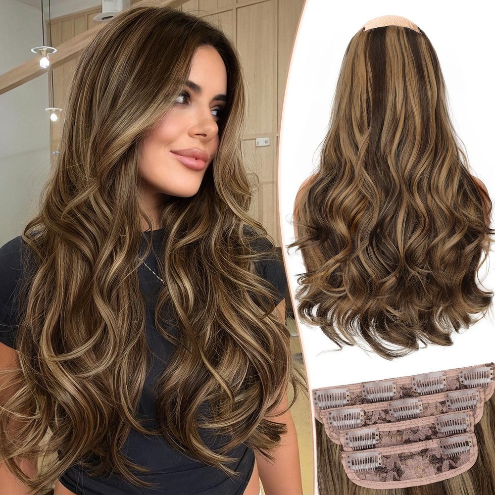 Kookastyle Clip in Hair Extensions, Natural Long Layered Soft Invisible Synthetic Curly Wavy Hairpieces for Women,4 pcs(20 Inch,Balayage Dark Brown to Chestnut)