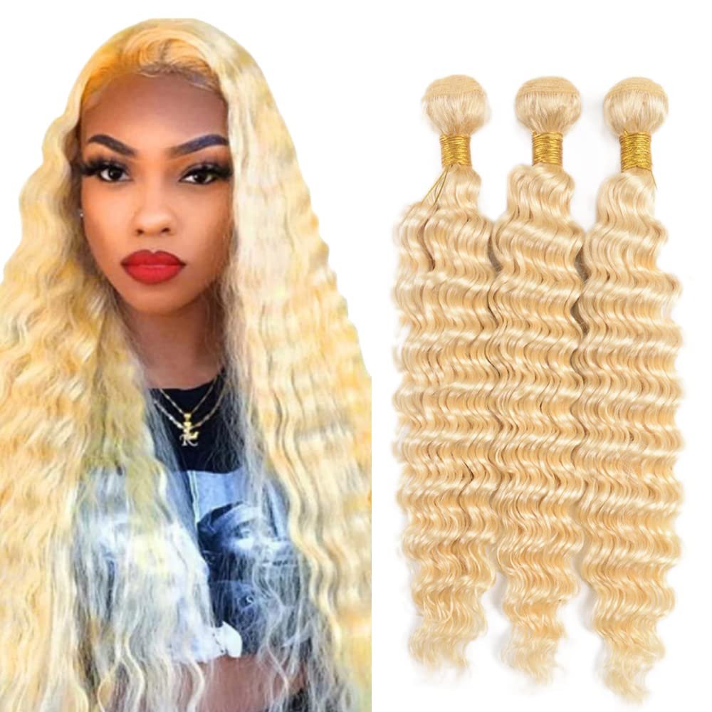 #613 Honey Blonde Bundles Deep Wave Bundles Human Hair 16 18 20 Inch Unprocessed Brazilian Virgin Weave Hairs Blonde 3 Bundle 50 Gram Per Bundle Human Hair Extensions