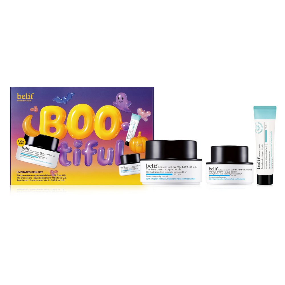 belif Aqua Bomb BOO-tiful Hydrated Skincare Set: Korean Skincare Set with Aqua Bomb Moisturizer, Frozen Cream, 2-Step Skincare for All Skin Types