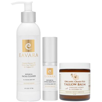 Eavara Cleanser, Night Cream, & Tallow Balm Set  Ultra-Hydrating Skincare Trio with Grass-Fed Tallow, Retinol, Aloe Vera, and Shea Butter  Gently Cleanses, Deeply Moisturizes, & Nourishes Overnight