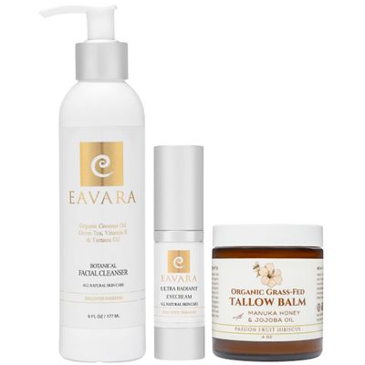 Eavara Cleanser, Eye Cream, and Tallow Balm for Skin  Organic Skincare Trio with Activated Charcoal, Coconut Oil, Jojoba Oil, Manuka Honey, and Grass-Fed Tallow  Gently Purifies & Soothes Under Eyes