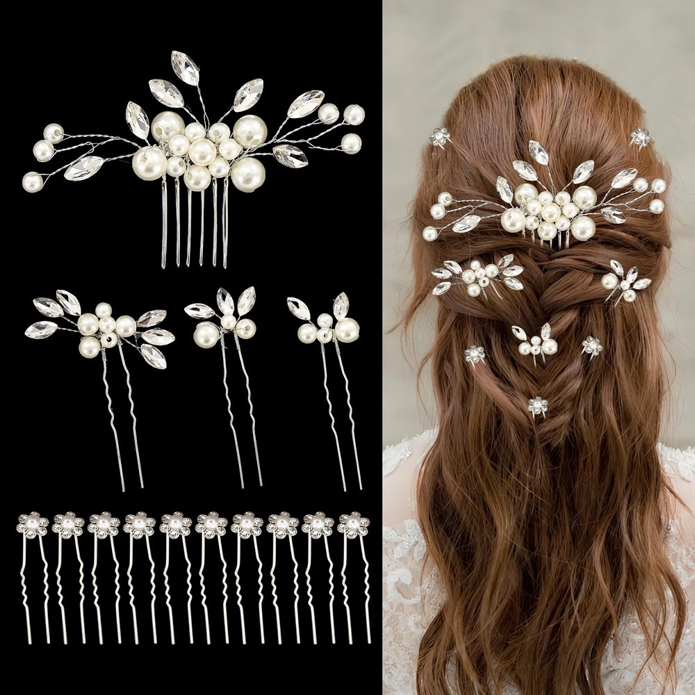 Bride Wedding Hair Pins 14Pcs Rhinestone Bridal Hair Piece,Pearls Clips Bridal Crystal Hair Decorative AccessoriesWedding Hair Pieces for Brides for Bride Bridesmaids Flower Girls(Silver)