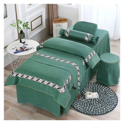 RJYYYDS 4-Piece Art Massage Table Sheet Skirt Set - 4-Piece Beauty Bedspread High-end Light European-Style Solid Color Cotton and Linen Physiotherapy Massage Bedspread Green-70 * 185cm