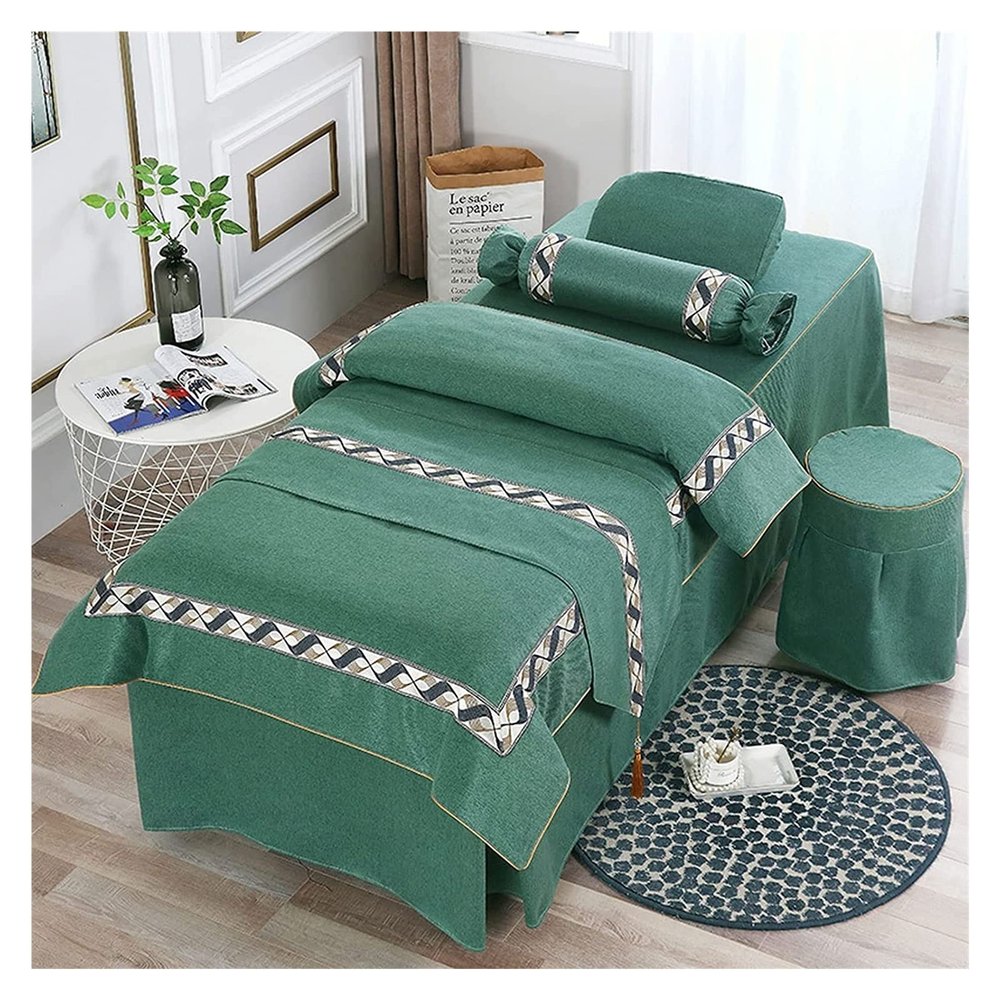 RJYYYDS 4-Piece Art Massage Table Sheet Skirt Set - 4-Piece Beauty Bedspread High-end Light European-Style Solid Color Cotton and Linen Physiotherapy Massage Bedspread Green-70 * 185cm
