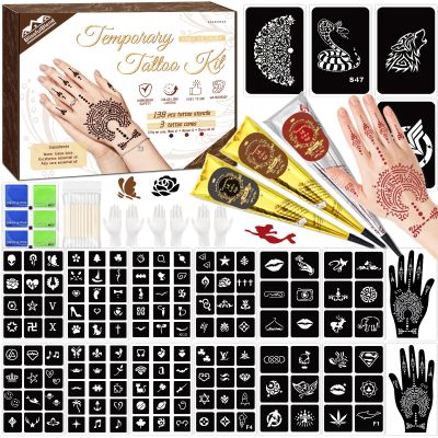 146 Pcs Temporary Tattoo Kit, Waterproof Long Lasting Temporary Tattoo Kids Adult Women Men, 3 Pcs Tattoo Cones Ink(Black/Maroon/Cherry Red),136 Reusable Temporary Stencils Christmas Gifts for Friends