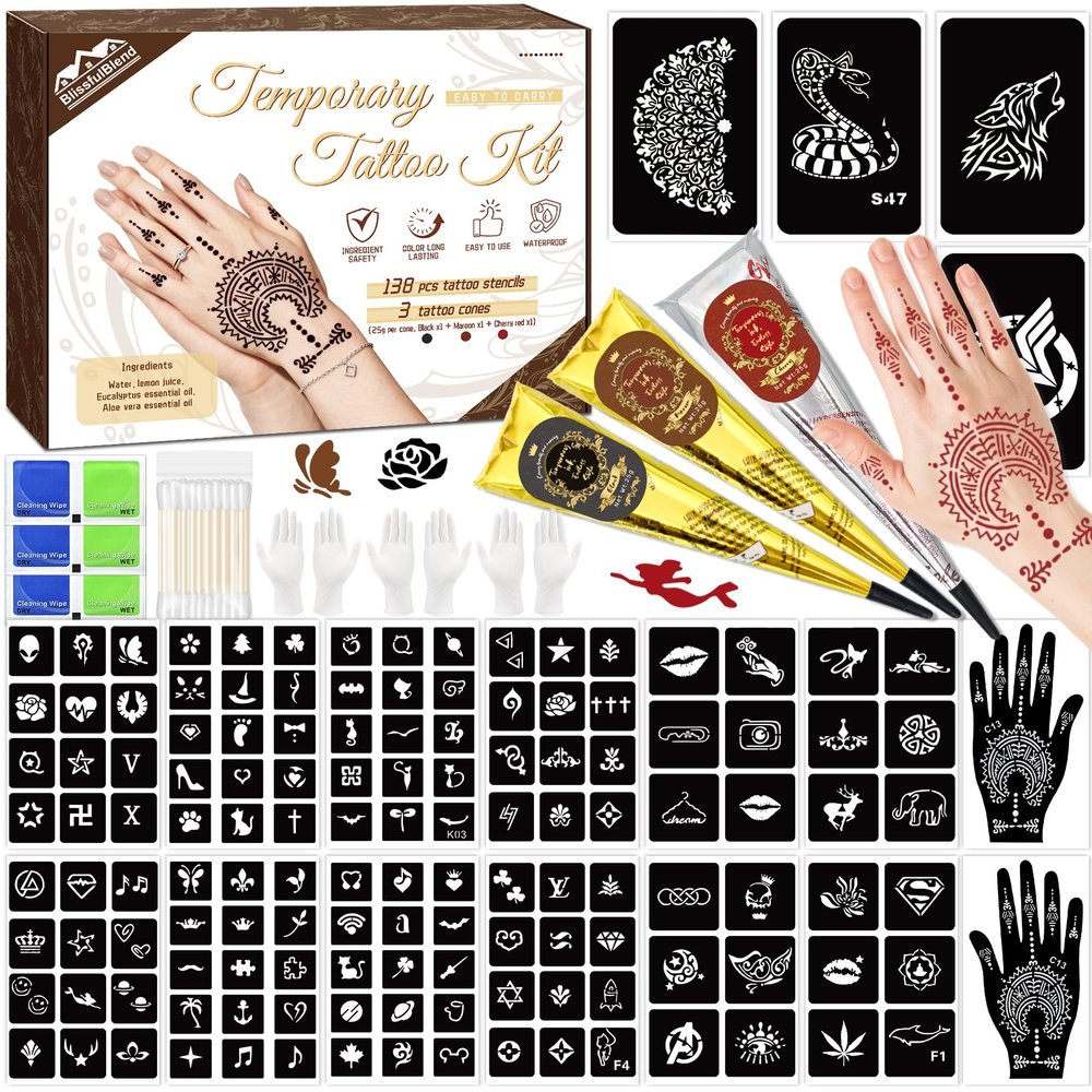 146 Pcs Temporary Tattoo Kit, Waterproof Long Lasting Temporary Tattoo Kids Adult Women Men, 3 Pcs Tattoo Cones Ink(Black/Maroon/Cherry Red),136 Reusable Temporary Stencils Christmas Gifts for Friends