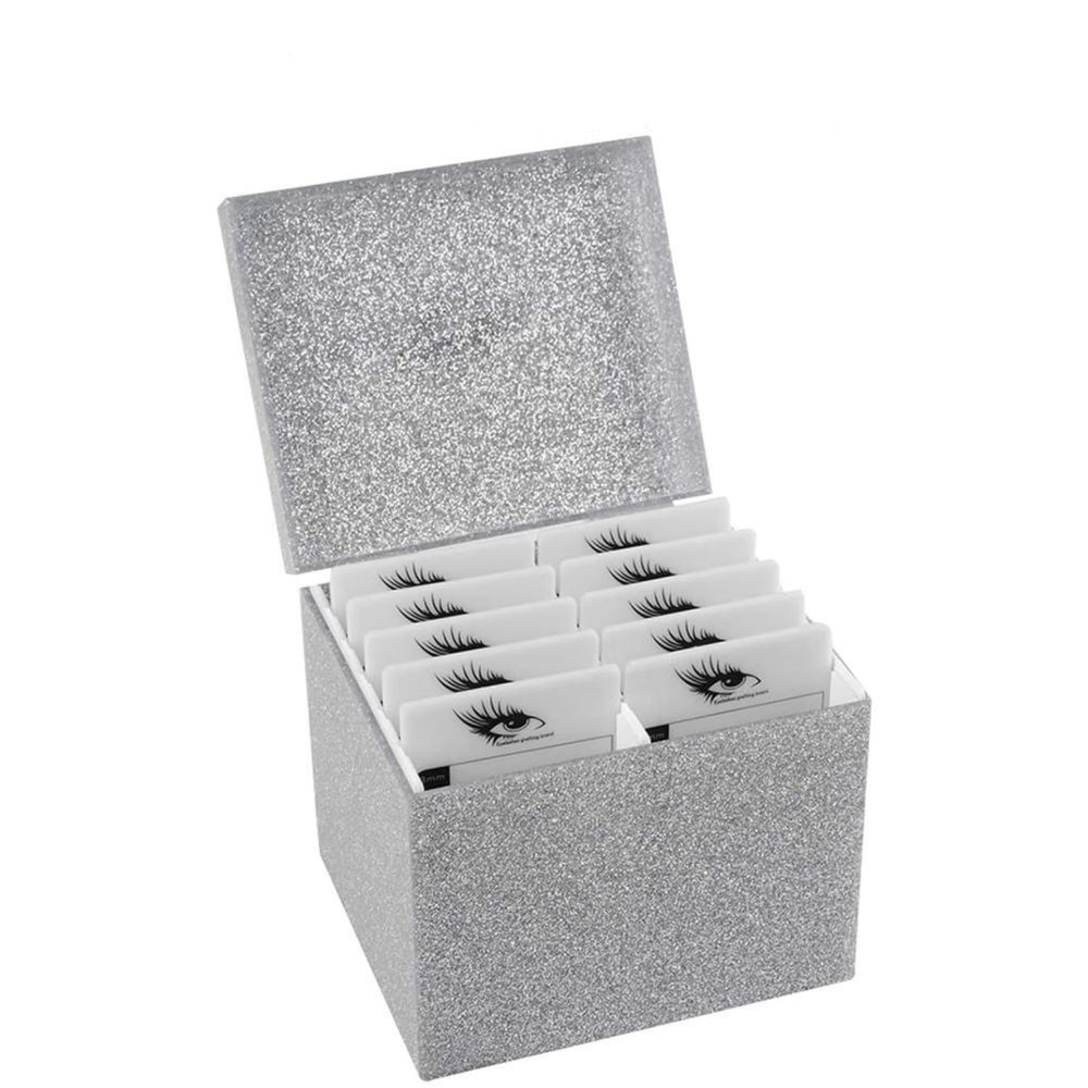 10 Layers Acrylic Eyelash Storage Box,Eyelash Holder Extension Tool,Makeup Organizer False Eyelashes Glue Pallet Holder, Grafting Eye lashes Close-Packed Display with 10 Pallets (Silver)