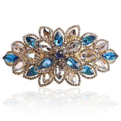 Sppry Luxury Gold-plated Rhinestone Hair Barrette for Women, Large Flower Jewelry Design (Navy)