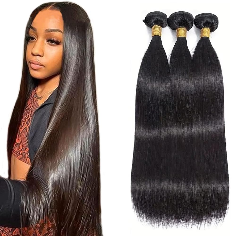 Brazilian Straight Human Hair Bundles Natural Black Color 24 24 24 Inch Straight Bundles Human Hair Double Weft Unprocessed Remy Hair Extensions Quick Weave For Women
