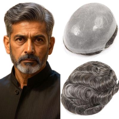 0.08mm Mens Thin Skin Hair System Toupee for Men Human Hair Replacement Pieces Protesis 8x10 Inch Front V Loop Natural Hairline with Single Knot Male Hairpiece Toupee #2 Darkest Brown with 30% Grey