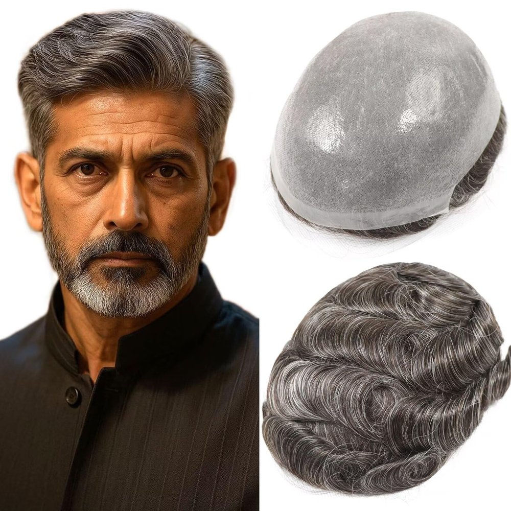 0.08mm Mens Thin Skin Hair System Toupee for Men Human Hair Replacement Pieces Protesis 8x10 Inch Front V Loop Natural Hairline with Single Knot Male Hairpiece Toupee #2 Darkest Brown with 30% Grey