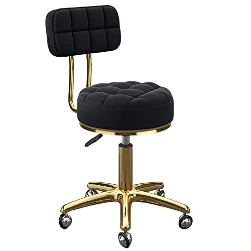 Adjustable Height Round Rolling Stool - Swivel Salon Chair with PU Leather Seat & Back, Titanium Gold Base, 5 Claw Design & Globe Wheels, Perfect for Beauty & Dressing Rooms (White)
