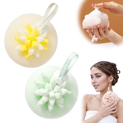 2025 New Sunflower Suction Cup Bath Ball, Bath Sponge Cleaning Brush Sponge Bath Ball, 2-in-1 Suction Cup Bath Balls Bath Accessories for Shower Exfoliating (Yellow+Green)
