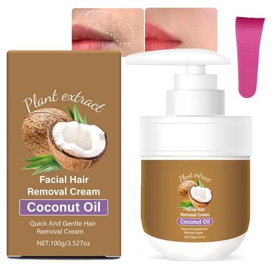 Coconut Oil Facial Hair Removal Cream, 100g Plant Extract Coconut Oil Gentle Body Hair Remover Cream for Women Upper Lip and Chin, Painless and Non-sticky, Soothing Skin (1pc/100g)