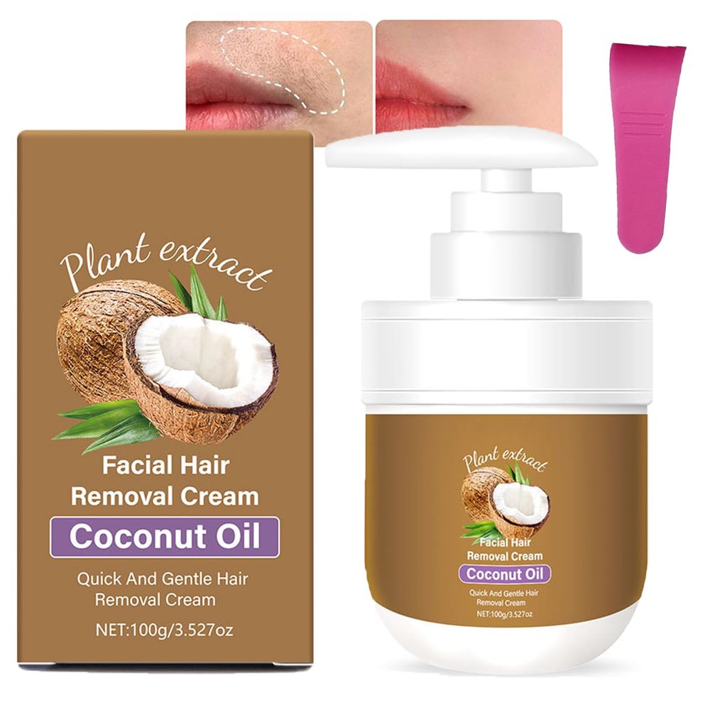Coconut Oil Facial Hair Removal Cream, 100g Plant Extract Coconut Oil Gentle Body Hair Remover Cream for Women Upper Lip and Chin, Painless and Non-sticky, Soothing Skin (1pc/100g)