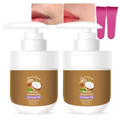 Coconut Oil Facial Hair Removal Cream, 100g Plant Extract Coconut Oil Gentle Body Hair Remover Cream for Women Upper Lip and Chin, Painless and Non-sticky, Soothing Skin (2pc/200g)