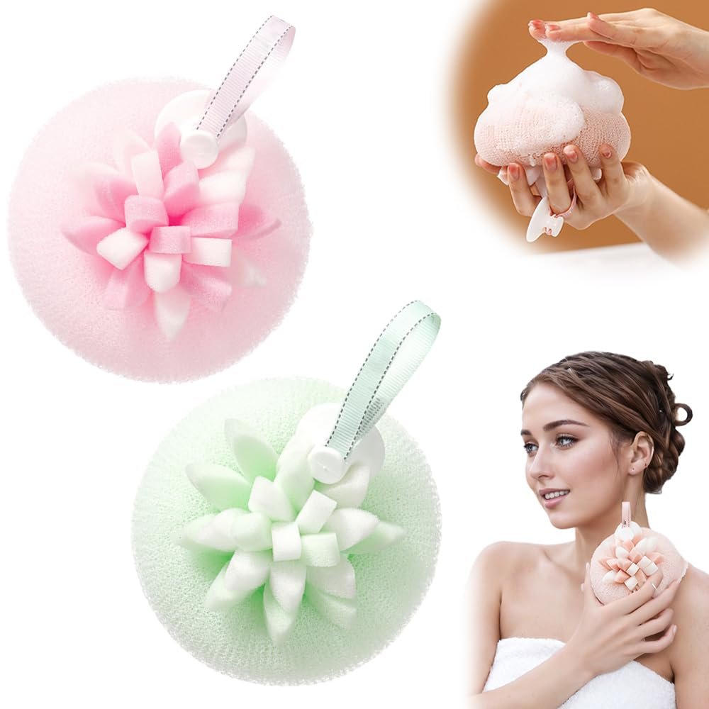 2025 New Sunflower Suction Cup Bath Ball, Bath Sponge Cleaning Brush Sponge Bath Ball, 2-in-1 Suction Cup Bath Balls Bath Accessories for Shower Exfoliating (Pink+Green)