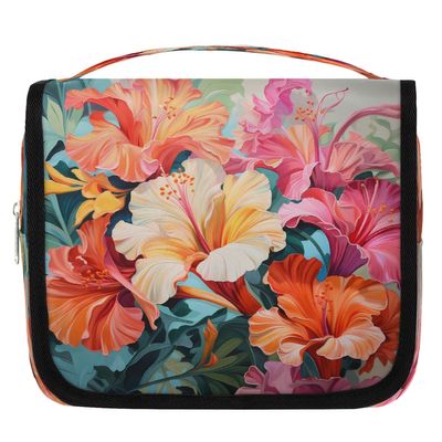 Ethebre Summer Tropical Hibiscus Travel Toiletry Bag with Hanging Hook, Waterproof Hanging Makeup Organizer Portable Cosmetic Bag for Women & Men Travel Essentials Accessories