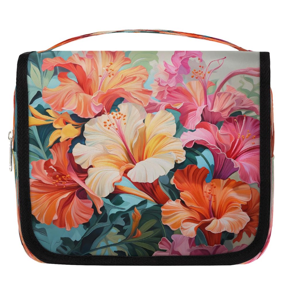 Ethebre Summer Tropical Hibiscus Travel Toiletry Bag with Hanging Hook, Waterproof Hanging Makeup Organizer Portable Cosmetic Bag for Women & Men Travel Essentials Accessories