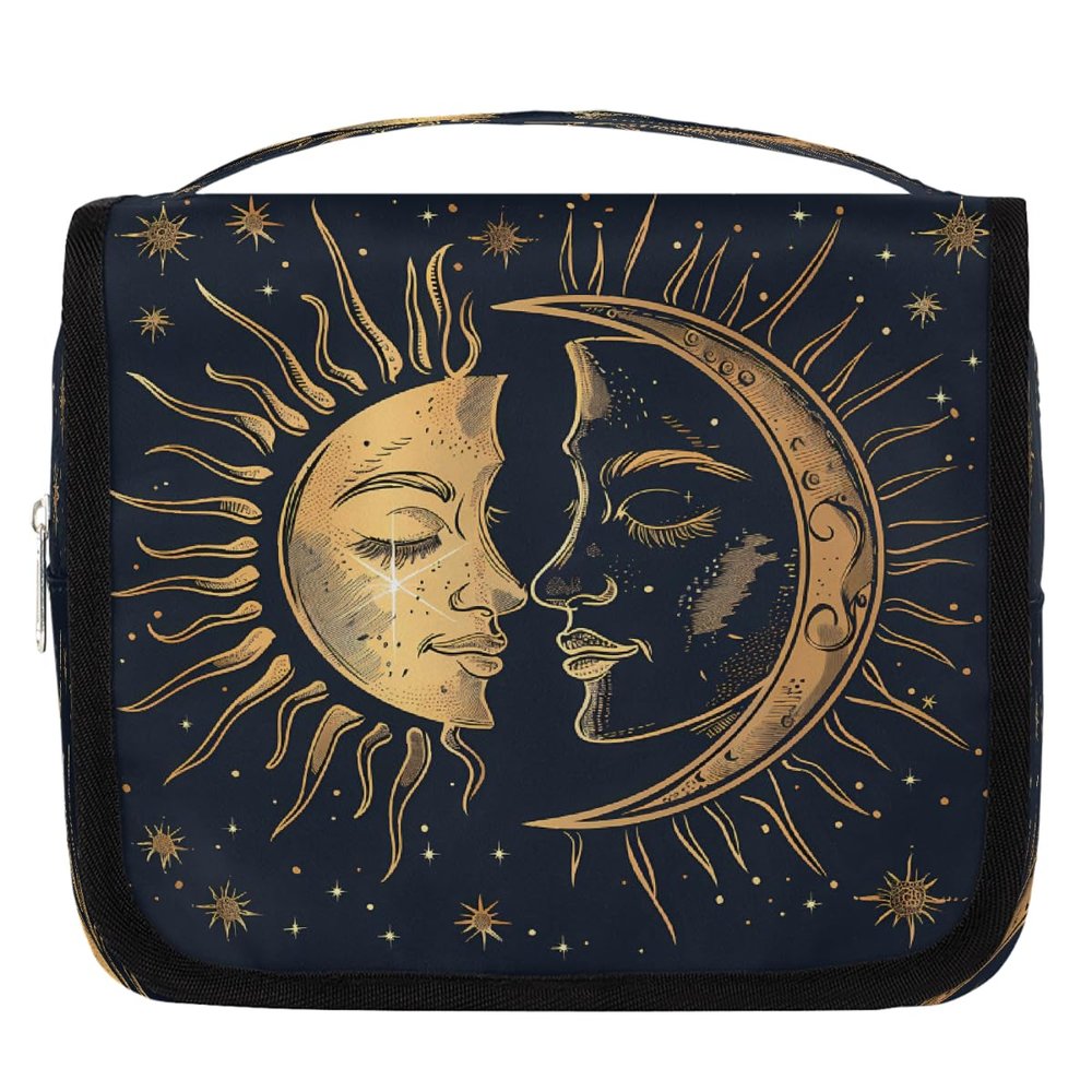Ethebre Bohemian Style Sun Moon Travel Toiletry Bag with Hanging Hook, Waterproof Hanging Makeup Organizer Portable Cosmetic Bag for Women & Men Travel Essentials Accessories