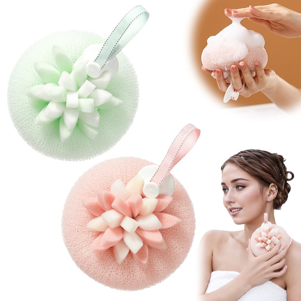 2025 New Sunflower Suction Cup Bath Ball, Bath Sponge Cleaning Brush Sponge Bath Ball, 2-in-1 Suction Cup Bath Balls Bath Accessories for Shower Exfoliating (Green+Skin)