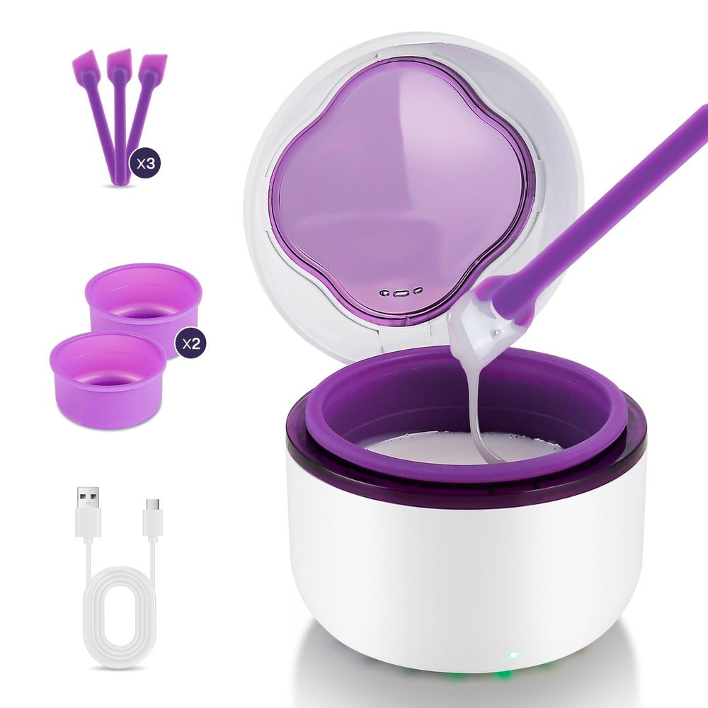 Mini Wax Warmer for Hair Removal  Portable Mini Wax Pot for Small Areas: Face, Nose, Eyebrow, Lip, Underarm  Compact Travel Kit for Men and Women with 2 Silicone Pots & 3 Spatulas (Purple)