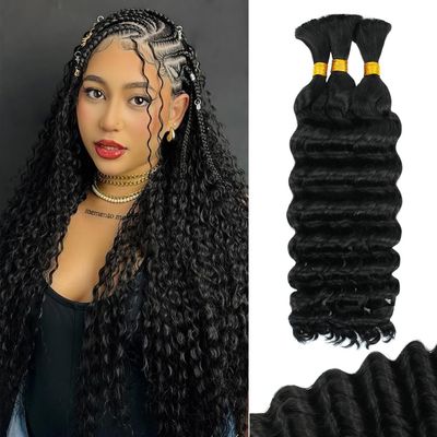 26 Inch Deep Wave Human Braiding Hair for Boho Braids 120g 3 Bundles/Pack Natural Black 100% Unprocessed 12A Brazilian Virgin Human Hair Bulk, No Weft, Wet & Wavy Curly Extensions