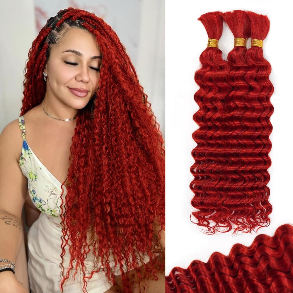 10 Inch Deep Wave Human Braiding Hair for Boho Braids 120g 3 Bundles/Pack Red 100% Unprocessed 12A Brazilian Virgin Human Hair Bulk, No Weft, Wet & Wavy Curly Extensions