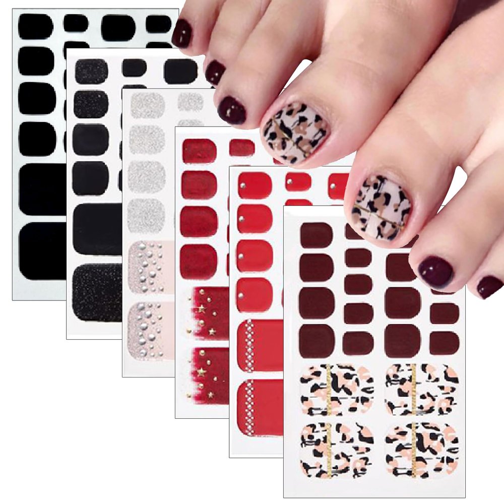 6 Pieces of Summer toenail Stickers French Diamond toenails Gradient self-Adhesive Full Stickers Ladies Flash Black and red toenails Design with Nail File