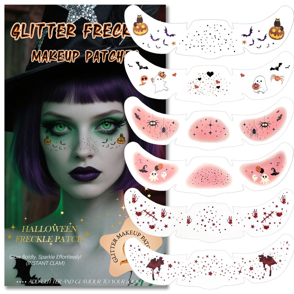 Glitter Freckles, Holographic Face and Body Glitter Tattoo Sparkle for Women Gold Glow Cosmetic Star Makeup Accessories for Festival Rave (6pcs Halloween)