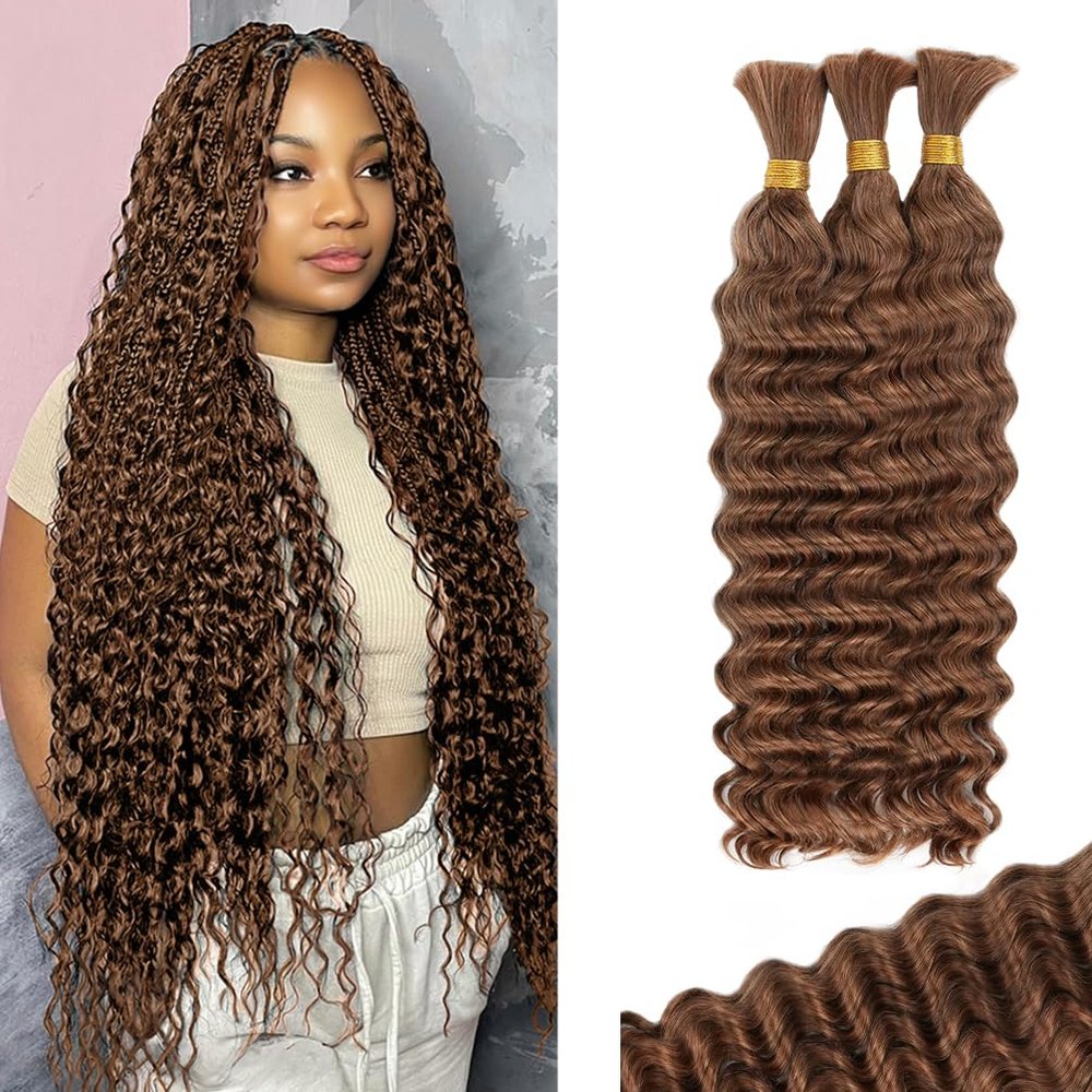 10 Inch Deep Wave Human Braiding Hair for Boho Braids  120g 3 Bundles/Pack Auburn Ginger 100% Unprocessed 12A Brazilian Virgin Human Hair Bulk, No Weft, Wet & Wavy Curly Extensions