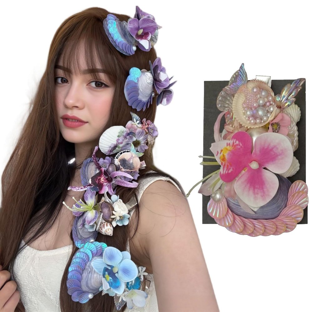 Real Shell/Starfish Hair Clips Vacation Artificial Tropical Flower Hair Pins Mermaid Accessories for Women Teen Girls (Shell#Pink Orchid)