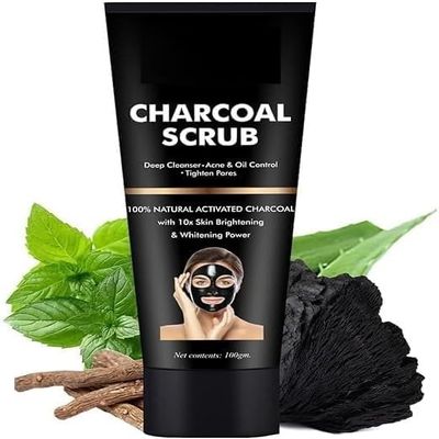 Natural Activated Charcoal Face Scrub, Deep Cleanser for Acne and Oil Control, Skin Brightening, 100g